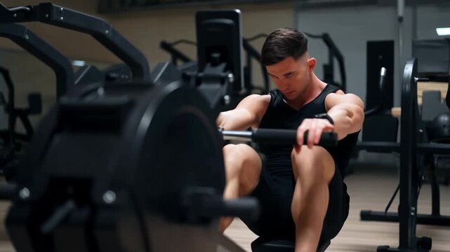 A determined person engages in a rowing machine workout at the gym, exuding strength and dedication Stock Video