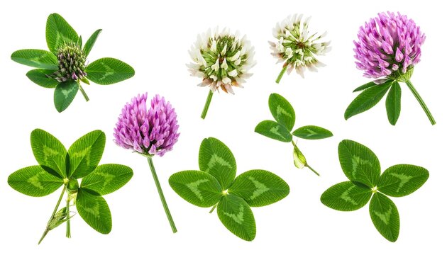 Collection of Clover Flowers and Leaves on White Background. - Powered by Adobe