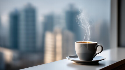 Steam rising from cup on windowsill, cozy editorial + warm palette, blurred city backdrop with copy.