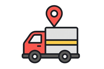 A red and grey delivery truck with a red location pin on top, symbolizing logistics and delivery services.