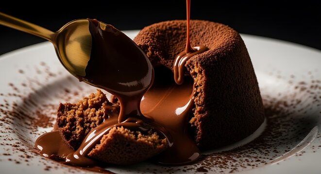 Gourmet chocolate lava cake with a molten center being drizzled with rich sauce