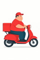 A cheerful, overweight delivery man in a red uniform rides a red scooter with a red delivery box on the back.