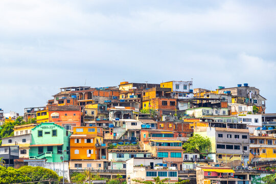 Mountains with favelas houses tropical nature Angra dos Reis Brazil.