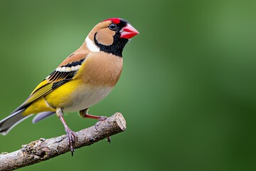 Colorful Goldfinch Bird Perching on Branch Against Soft Green Background