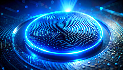Fingerprint Technology: Illuminated fingerprint at the center, symbolizing identity, security and access, digital security and technological advancement.