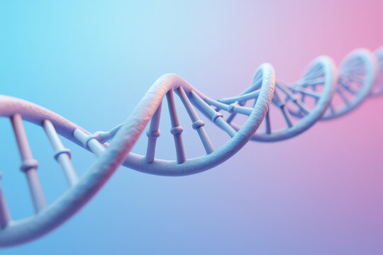 A Captivating Close-Up of a DNA Double Helix Strand Against a Gradient Background of Soft Blue and Pink Hues, Illustrating Genetic Code and Molecular Biology Concepts