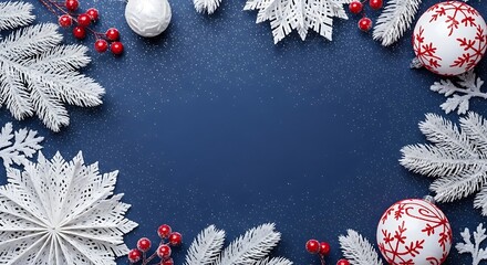 Festive christmas frame with frosted fir branches and ornaments on dark blue background