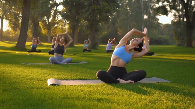 A yoga class in a sunlit park, with diverse individuals practicing Stock Video