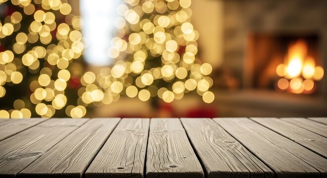 Empty wooden table in front of a blurry christmas tree and fireplace - Powered by Adobe