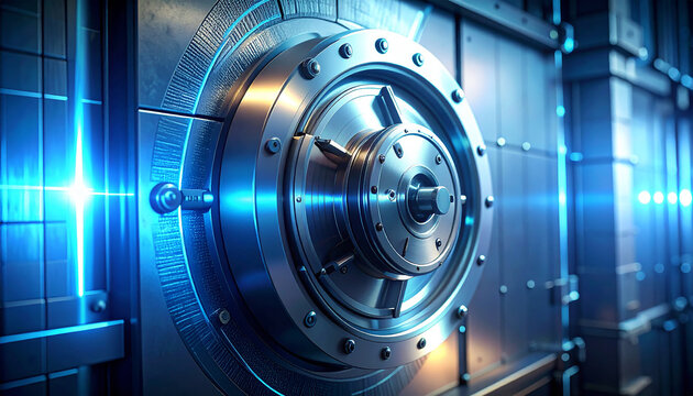 Vault Door Security: A close-up showcases a heavy, robust vault door, its steel surface gleaming with intricate mechanical details and radiating an aura of protection and security.