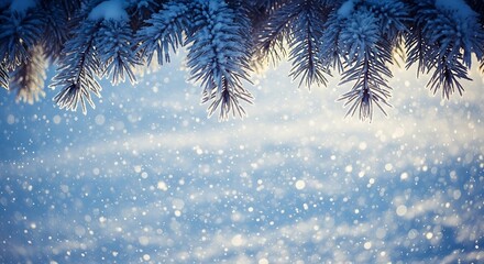 Winter snow falling on evergreen branches with sparkling light background
