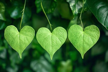 Three Heart Shaped Green Leaves Hanging in a Lush Green Garden
