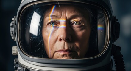 Close-up Portrait of a Determined Female Astronaut in a Space Helmet with Intense Gaze and Lens Flare.