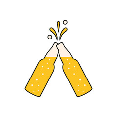 Beer toast. Two beer bottles together icon. Clink, cheers and toasting. Vector outline illustration white background.	