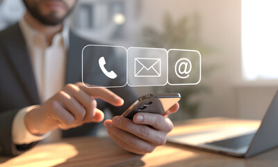 Businessman effortlessly connects through digital contact icons on smartphone, symbolizing modern communication and seamless business interaction in a bright office setting