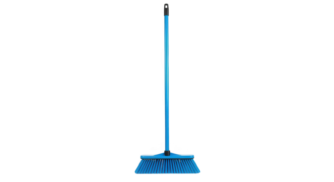 Vibrant Blue Broom With Black Handle On Isolated Black Background
