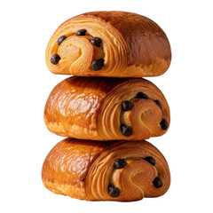 Stack of three chocolate croissants isolated on transparent background, closeup