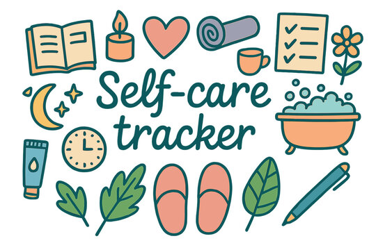 Self-Care Doodle Tracker. Self-care tracker. Hand-drawn doodle illustration of self-care tracker. Journal,