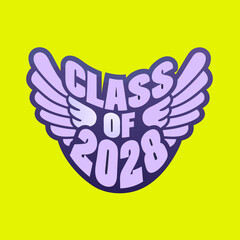 Class of 2028 emblem with purple wings on yellow background