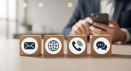 Business contact concept with wooden blocks displaying communication icons, a professional using smartphone, representing connectivity and customer service