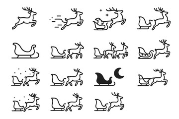 Reindeer Sleigh Icons. Reindeer in Motion. Line outline icon set of reindeer sleigh scenes: reindeer leaping,