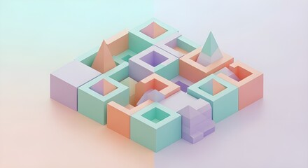 Obraz premium Modern 3D Isometric Geometric Pattern - Interconnected Cubes and Pyramids in Pastel Colors
