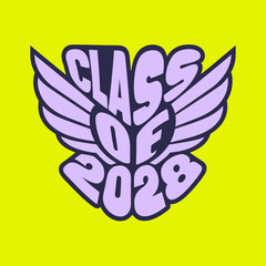 Class of 2028 winged emblem in purple and navy on yellow