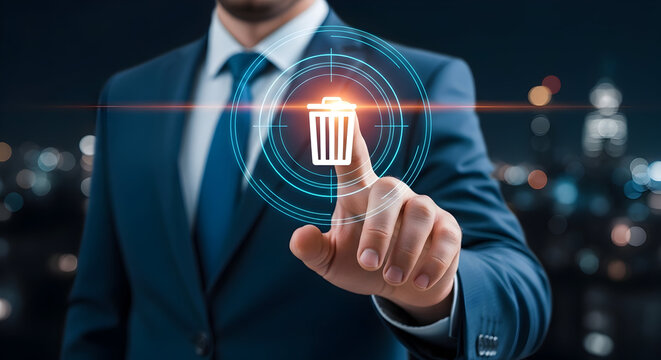Businessman in a suit interacting with digital trash can icon representing data removal, deletion or discarding, against blurred cityscape background