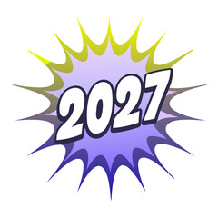 2027 text with purple and yellow starburst on white background