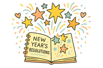 Whimsical Resolutions Notebook. "New Year&rsquo;s resolutions notebook". Whimsical doodle of a big notebook with