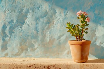 Potted Succulent Plant with Pink Flowers on Textured Blue Background