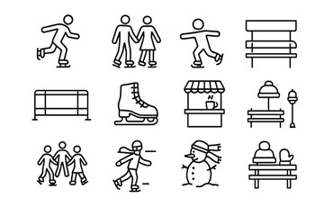 Winter Skating Icons. Winter Ice Skating. Line outline icon set of ice skating in public square: skater