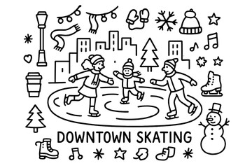 Fototapeta premium Downtown Skating Doodles. Downtown Skating. Hand-drawn doodle illustration of public skating rink in downtown