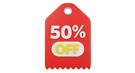 Illustration of red tag with 50 percent off isolated on transparent background for promotion
