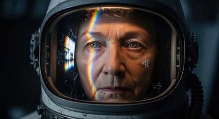 Close-up Portrait of a Determined Female Astronaut in a Space Helmet with Intense Gaze and Lens Flare.