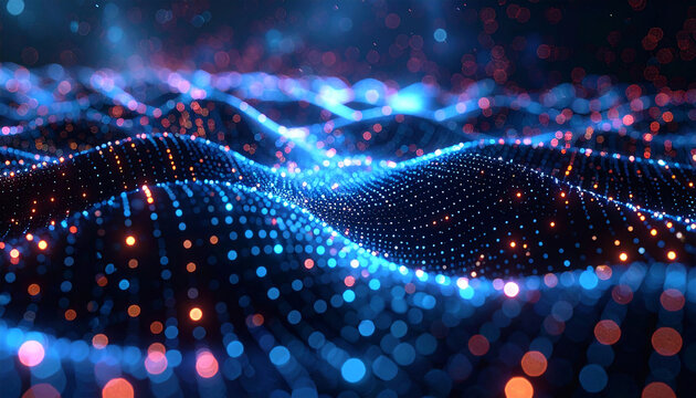 Digital Network: A captivating depiction of a digital network. Glowing points of light flow in a mesmerizing display of interconnected data.