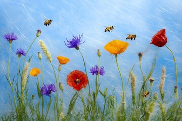 Flying Bees with Colorful Meadow Flowers Against a Light Blue Sky