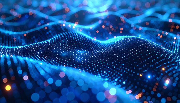 Digital Data Waves: Capturing the essence of digital transformation, a mesmerizing display of interconnected data points in shades of blue. 