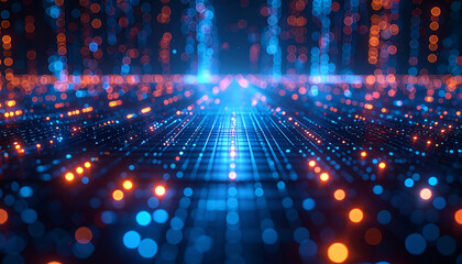 Digital Horizon: A captivating image depicting a futuristic digital landscape, where lines of vibrant blue and orange light illuminate a complex data pathway.