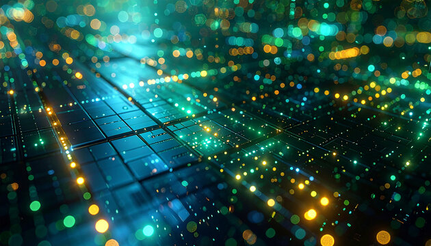 Digital Universe: A futuristic cityscape, composed of intricate data pathways and glowing lights.