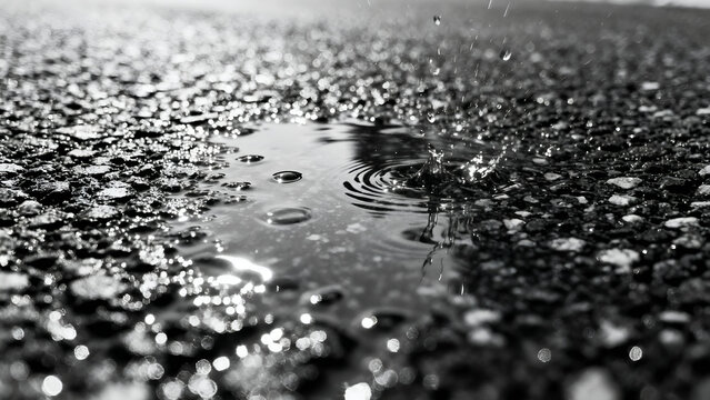 Close-up of water droplets creating ripples in a puddle on asphalt, perfect for art prints or nature-themed projects.