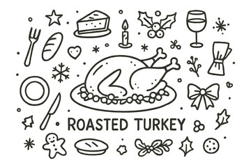 Festive Turkey Doodle. Roasted Turkey. Hand-drawn doodle illustration of Christmas roasted turkey on plate. In