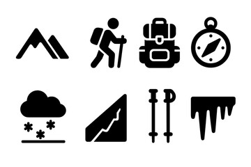 Alpine Journey Icons. Alpine Journey. Filled icon set of Alpine Journey: mountain peaks, hiker figure,