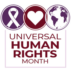 Graphic celebrating Universal Human Rights Month with icons of a ribbon, heart, and globe on a purple and maroon background.