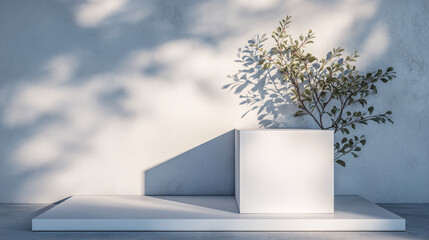 “Minimal white background featuring a pedestal and soft plant shadows, perfect for product display.”