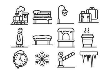 Winter Railway Icons. Winter Railway Scene. Line outline icon set of cozy snowy station: train with steam,