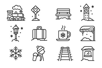 Winter Train Icon Set. Snow Train Travel. Line outline icon set of winter train atmosphere: steam engine,