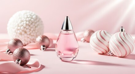Elegant pink perfume bottle surrounded by festive ornaments and soft lighting