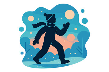 Obraz premium Winter Twilight Silhouette. Winter twilight figure. The dark outline of a person contrasts against orange and