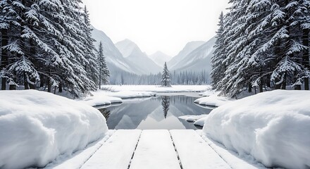 Snow covered forest path leading to a serene winter lake reflecting mountains